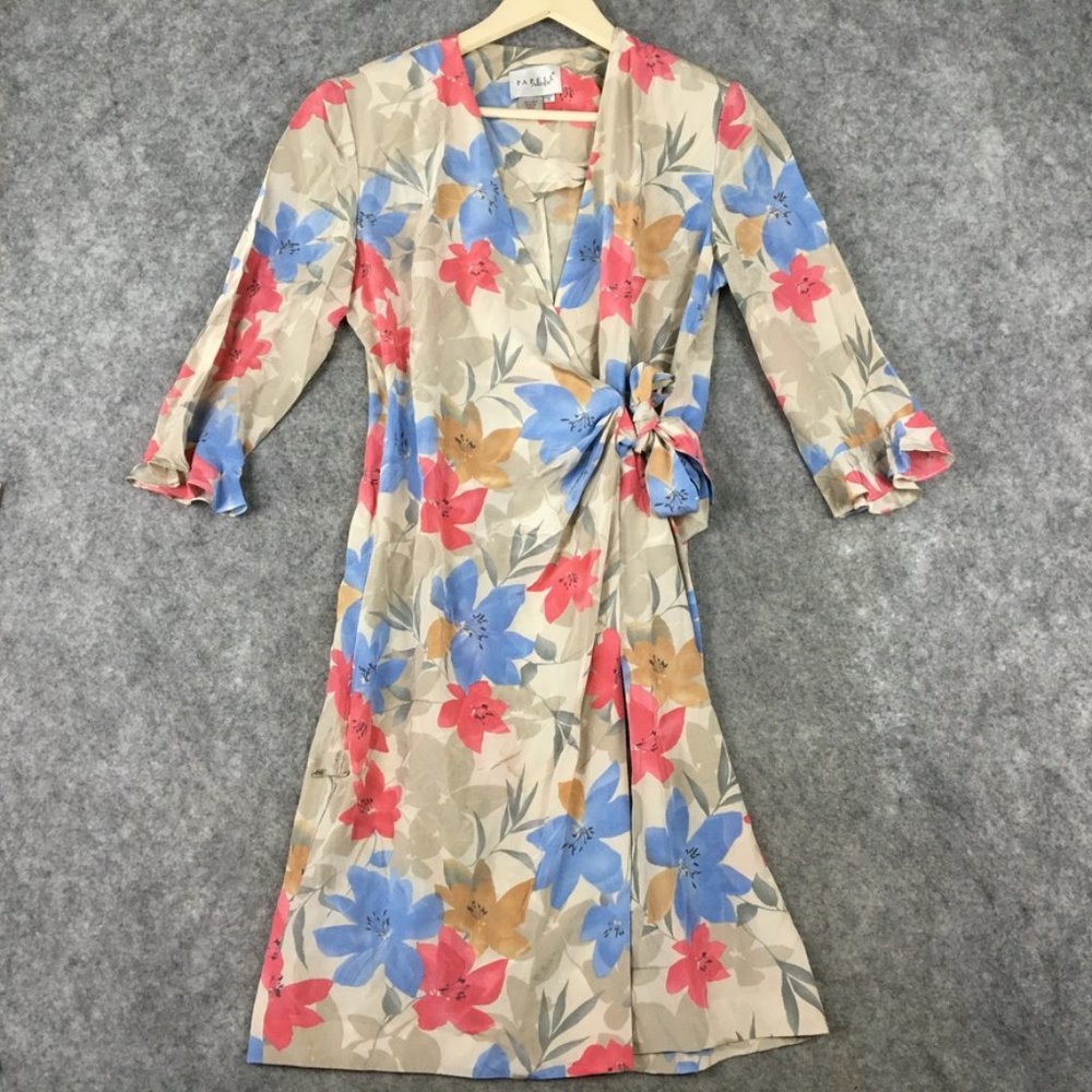 Papell Boutique Dress 8 100 Silk Floral 3/4 Flutter Sleeve Faux Wrap Fit Flare